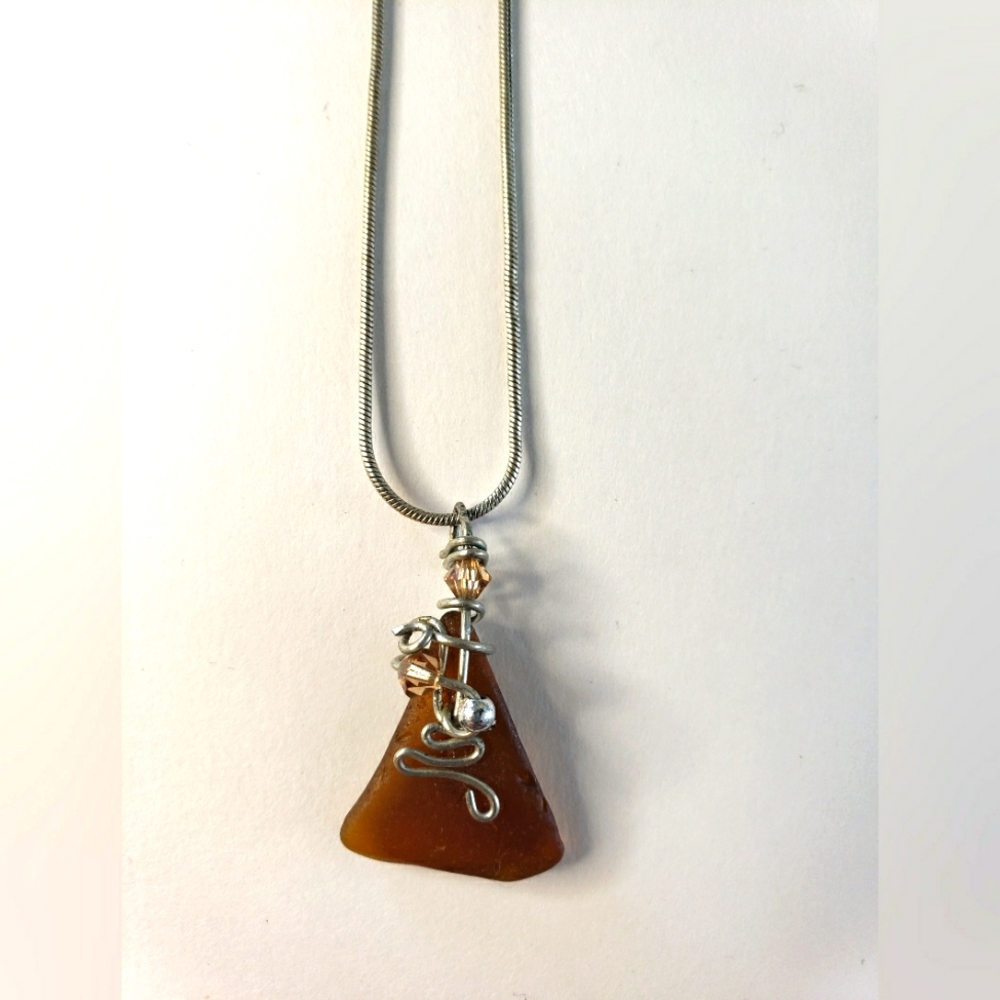 Brown Beach Glass Pendant with silver color chain